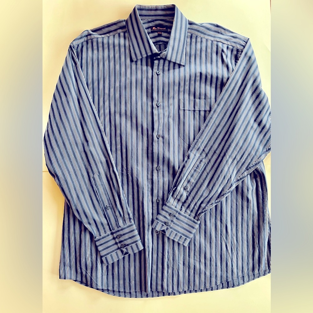 BEN SHERMAN men’s navy blue striped button up dress shirt 17 1/2 34-35
